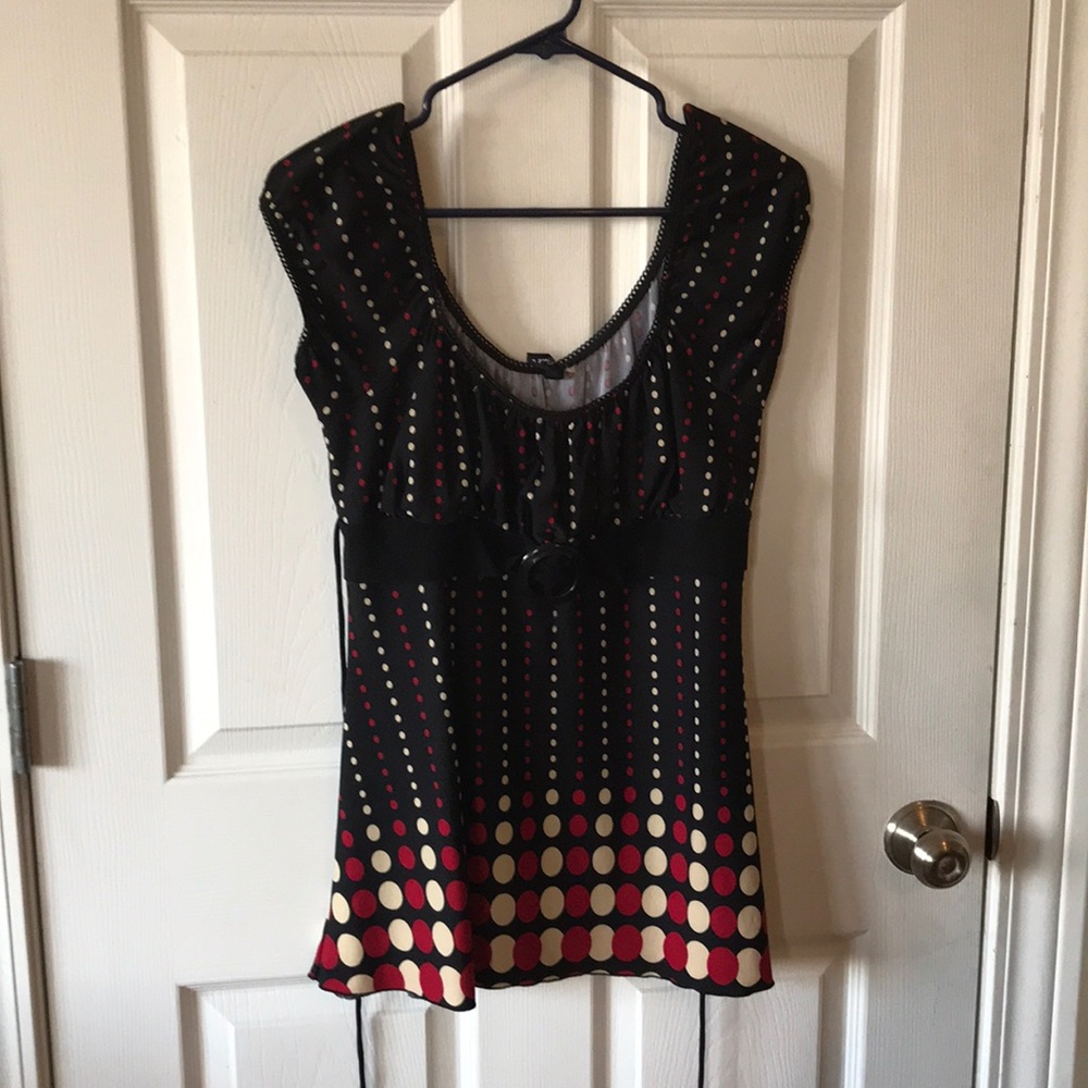 Black blouse with red & tan polka dots - size Med